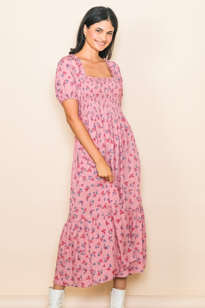 Pink Floral Smocked Short Sleeve Maternity Midi Dress