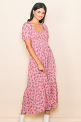 Pink Floral Smocked Short Sleeve Midi Dress