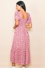 Pink Floral Smocked Short Sleeve Midi Dress