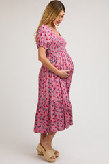 Pink Floral Smocked Short Sleeve Maternity Midi Dress