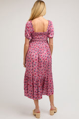 Pink Floral Smocked Short Sleeve Maternity Midi Dress