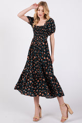 Black Floral Smocked Short Sleeve Midi Dress