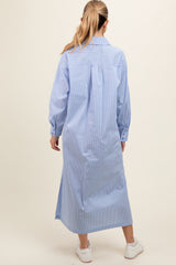 Blue Pinstriped Button Front Side Slit Maternity Midi Shirt Dress