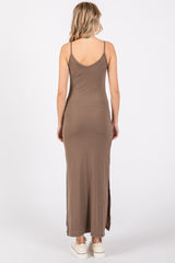 Taupe Ribbed Side Slit Maxi Dress