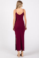 Burgundy Ribbed Side Slit Maxi Dress