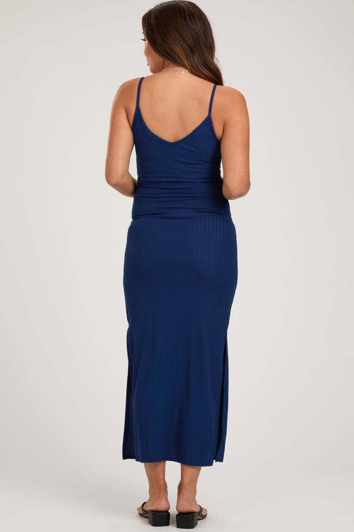 Navy Ribbed Side Slit Maternity Maxi Dress