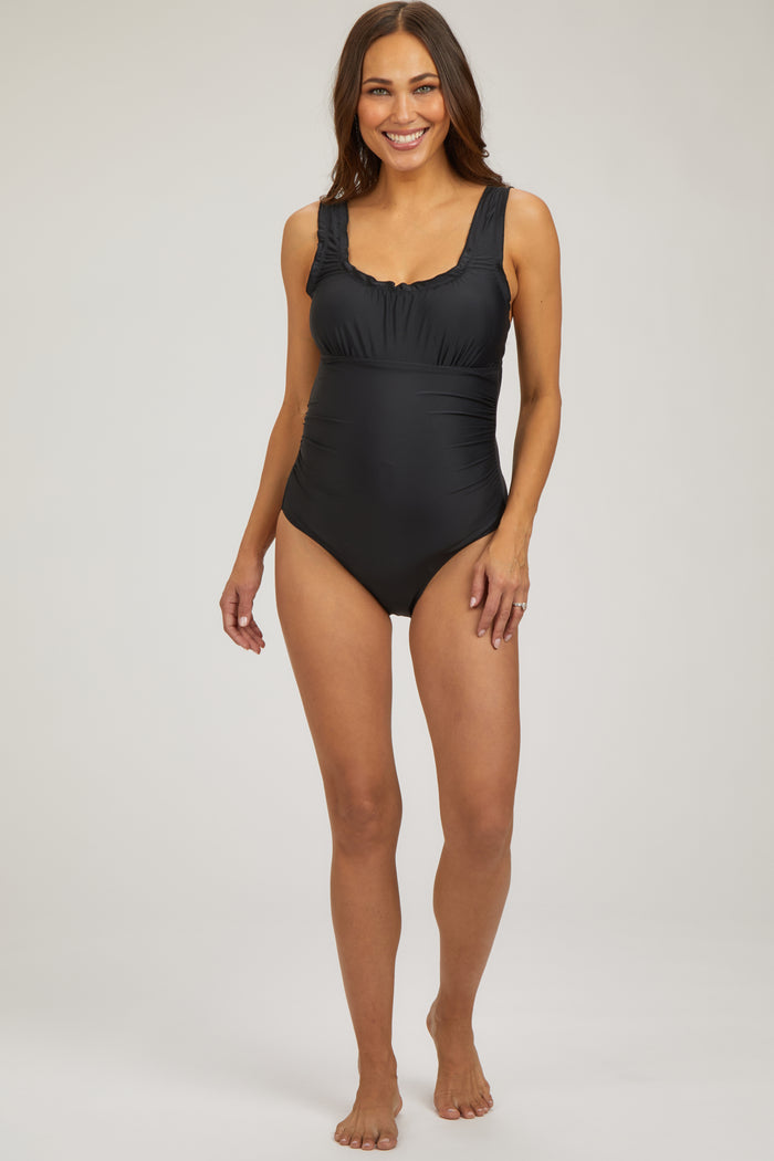 Black Ruched Scalloped Maternity One Piece Swimsuit