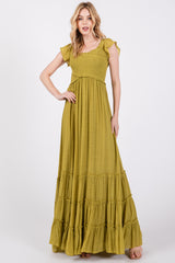 Lime Smocked Crossover Off Shoulder Maxi Dress