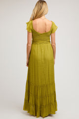 Lime Smocked Crossover Off Shoulder Maternity Maxi Dress