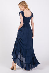 Navy Smocked Crossover Off Shoulder Maxi Dress