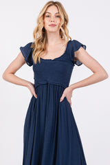 Navy Smocked Crossover Off Shoulder Maxi Dress