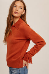 Brick Fringe Detail V Neck Collared Sweater