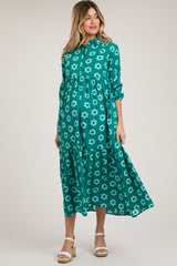 Emerald Floral 3/4 Sleeve Collared Maternity Maxi Dress