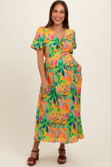 Lime Floral Puff Sleeve Maternity Midi Dress