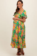 Lime Floral Puff Sleeve Maternity Midi Dress