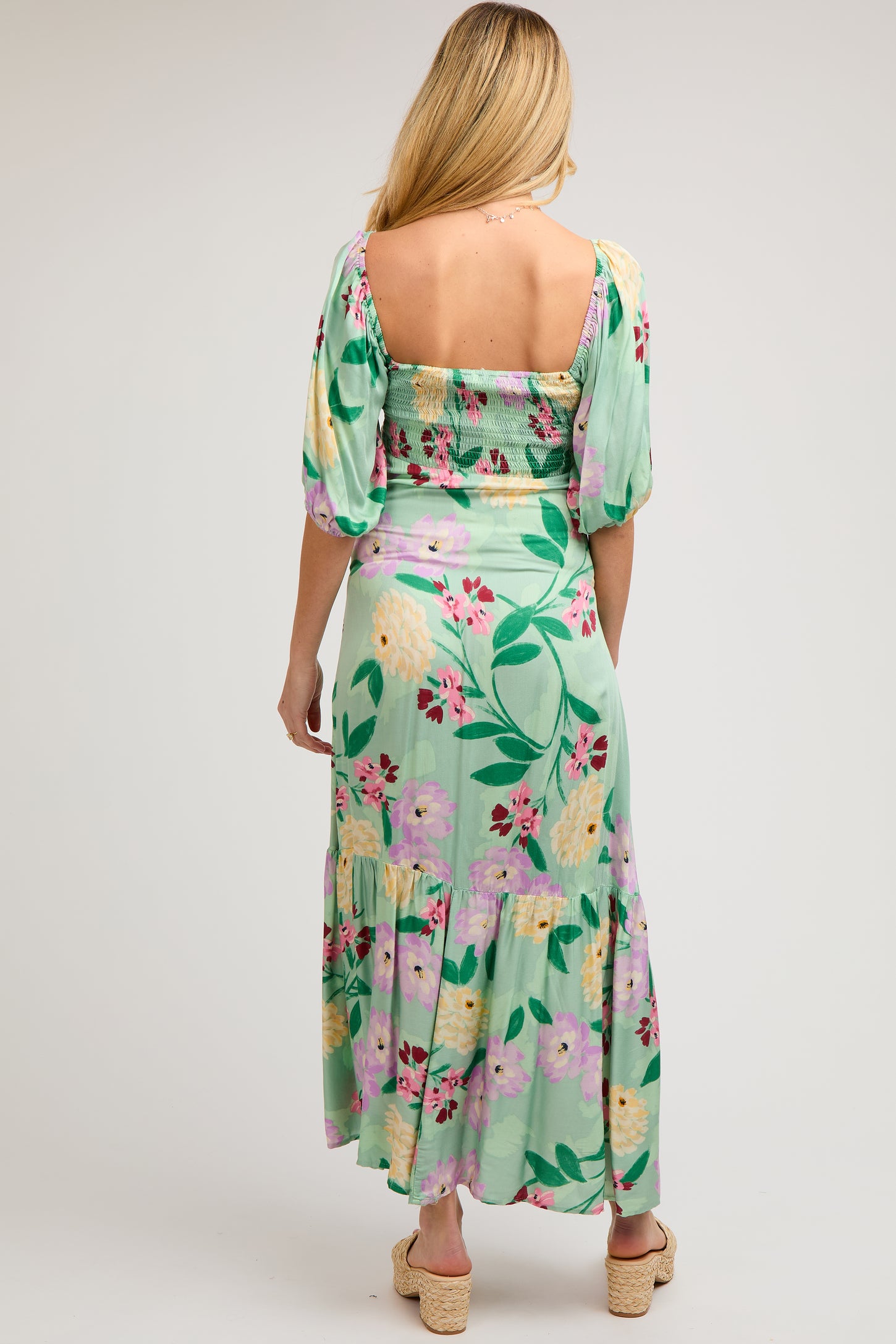 Light Green Floral Front Button Maternity Maxi Dress