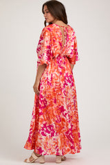 Orange Floral Satin V-Neck Maternity Maxi Dress