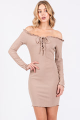 Taupe Ruffle Off Shoulder Maternity Fitted Mini Dress