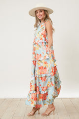 Light Blue Floral Sleeveless Ruffle Tiered Maxi Dress