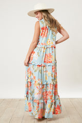 Light Blue Floral Sleeveless Ruffle Tiered Maxi Dress