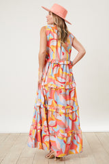 Orange Abstract Ruffle Tiered Maxi Dress