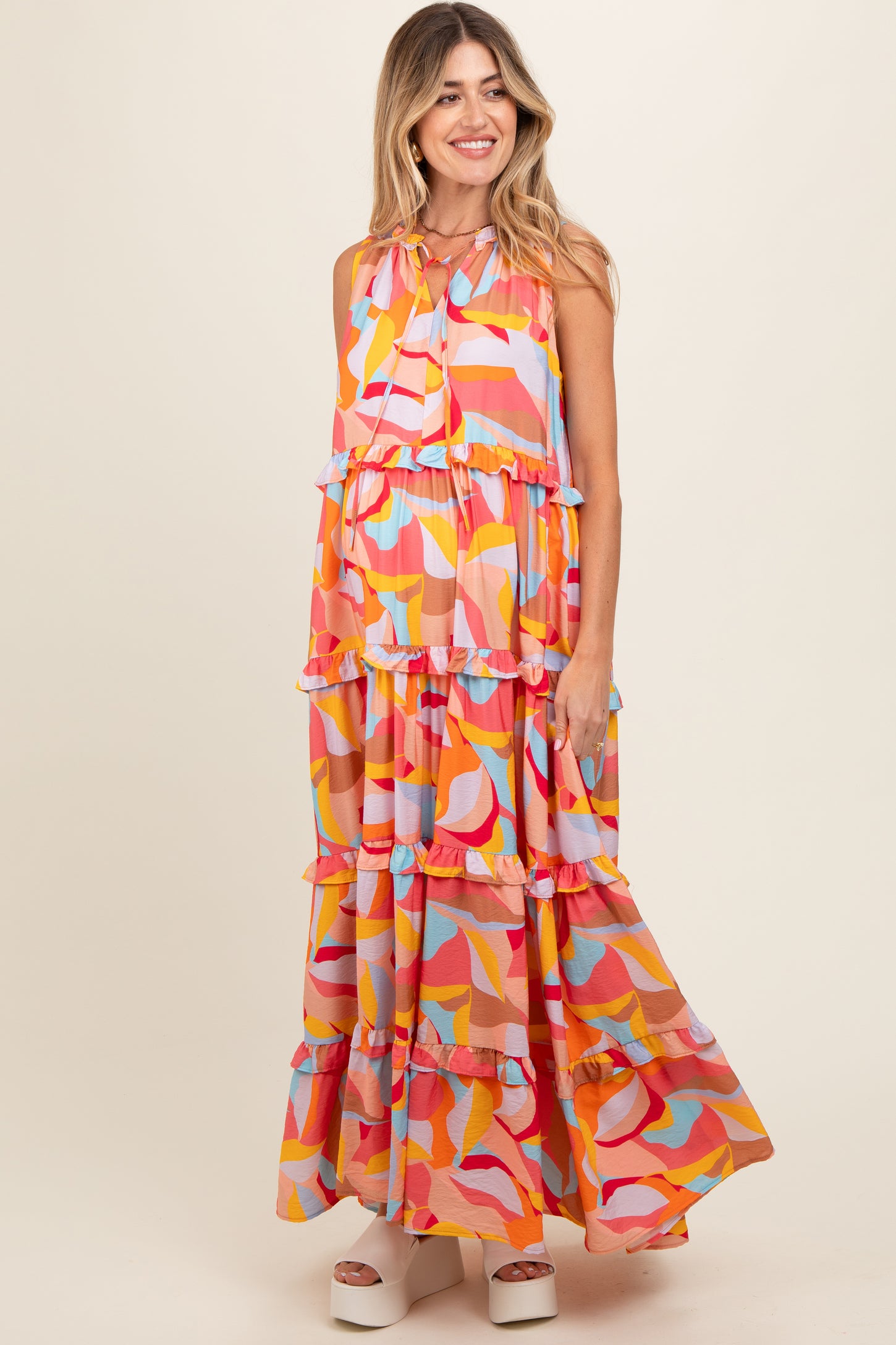 Orange Abstract Ruffle Tiered Maternity Maxi Dress