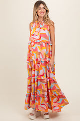 Orange Abstract Ruffle Tiered Maternity Maxi Dress