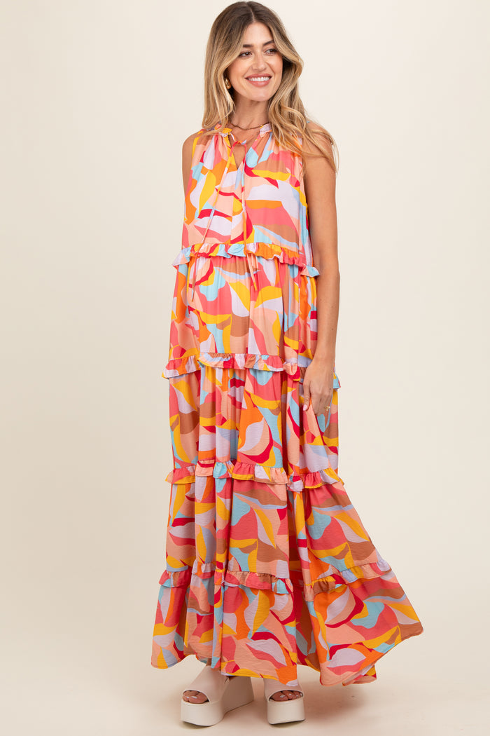 Orange Abstract Ruffle Tiered Maternity Maxi Dress