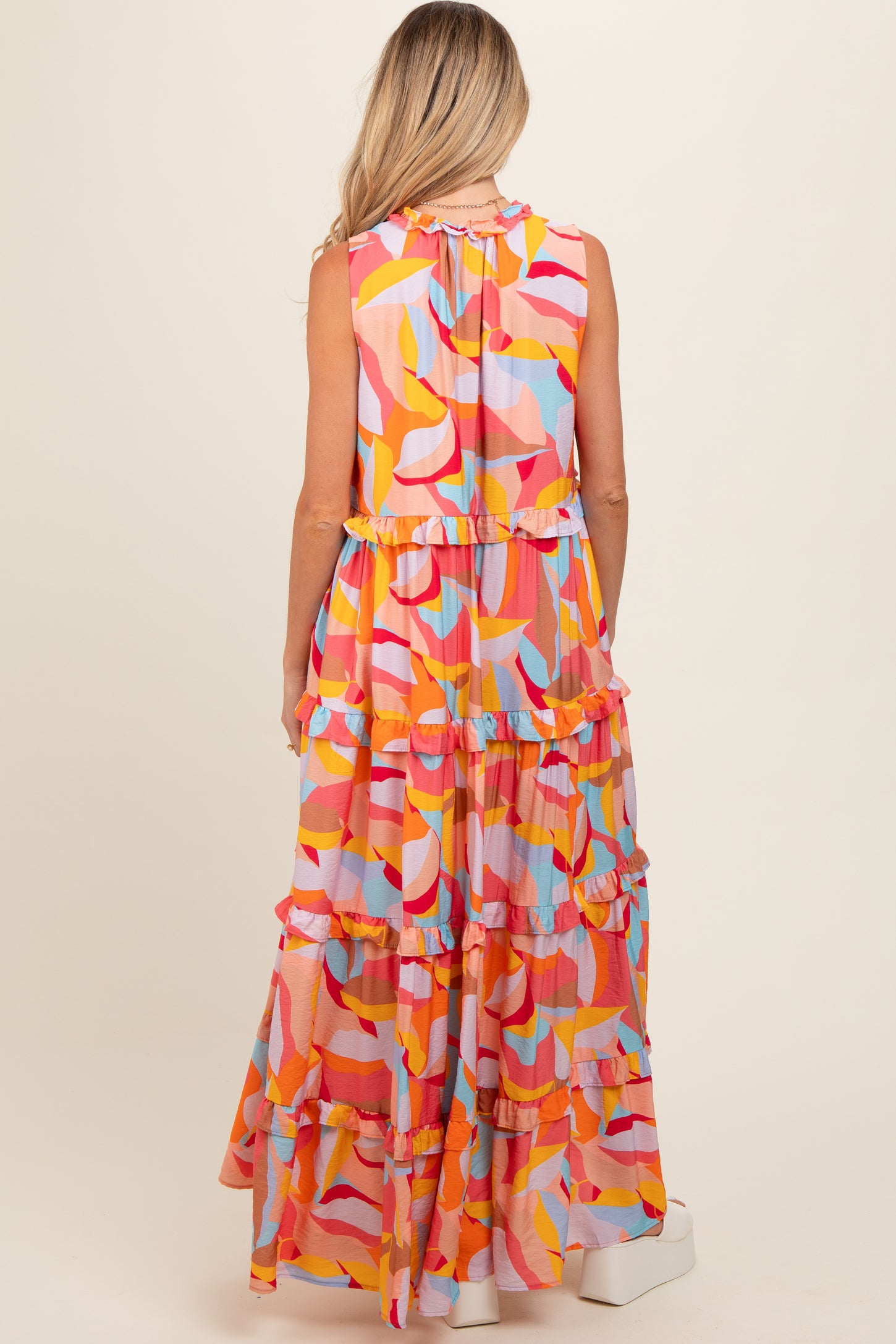 Orange Abstract Ruffle Tiered Maternity Maxi Dress