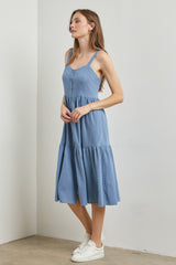 Blue Sweetheart Neck Button Front Tiered Midi Dress