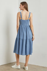 Blue Sweetheart Neck Button Front Tiered Midi Dress