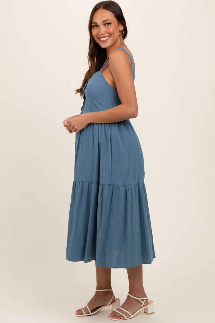 Blue Sweetheart Neck Button Front Tiered Maternity Midi Dress
