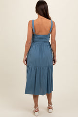 Blue Sweetheart Neck Button Front Tiered Maternity Midi Dress