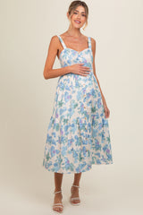 Blue Floral Sweetheart Neck Button Front Maternity Midi Dress