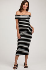 Black Striped Ribbed Off Shoulder Maternity Midi Dress