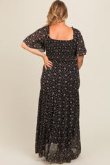 Black Floral Chiffon Smocked Maternity Plus Maxi Dress