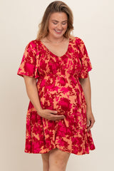 Red Leaf Print Smocked V-Neck Maternity Plus Dress