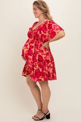 Red Leaf Print Smocked V-Neck Maternity Plus Dress