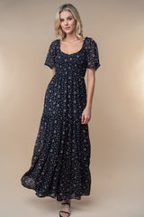 Black Floral Chiffon Smocked Maxi Dress
