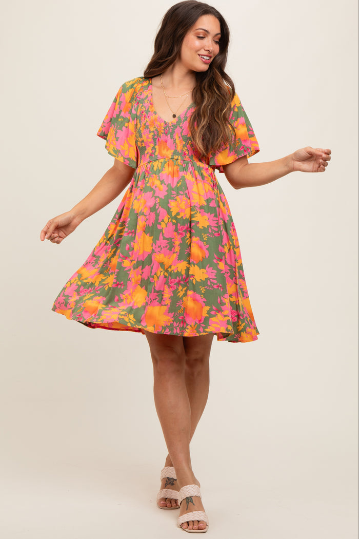 Olive Leaf Print Smocked V-Neck Maternity Dress
