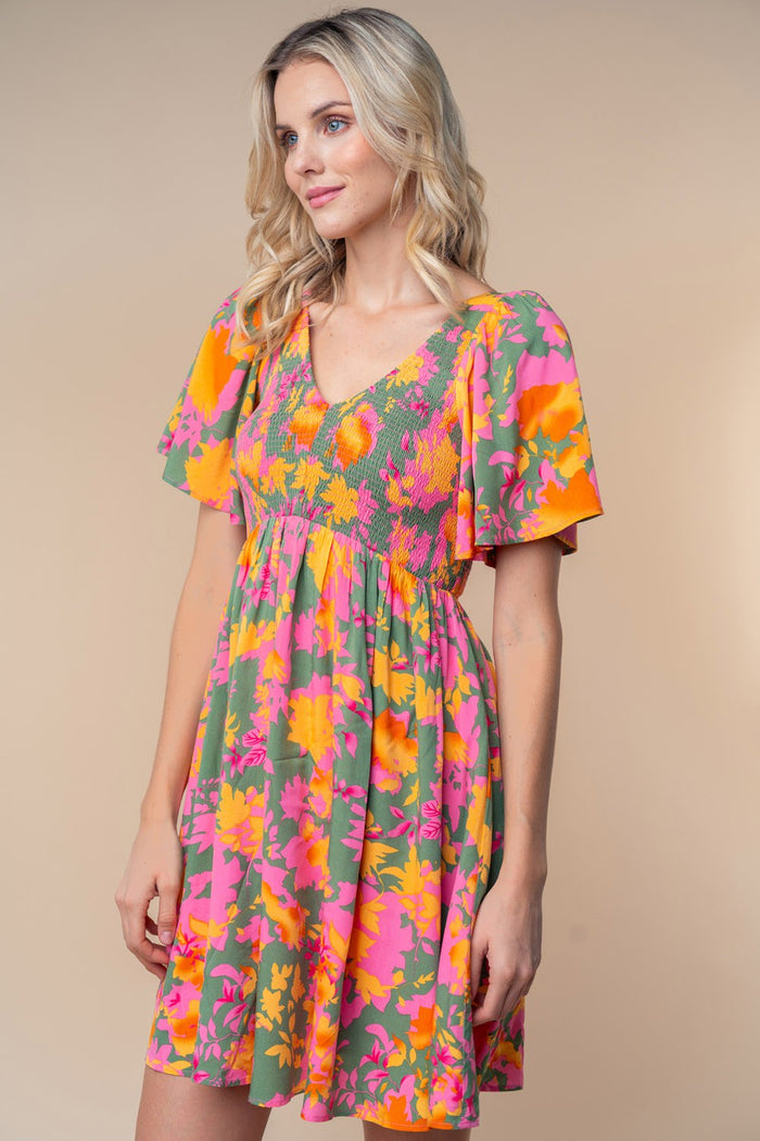 Olive Leaf Print Smocked V-Neck Dress