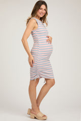 Pink Multi-Color Striped Ribbed Sleeveless Ruched Maternity Dress