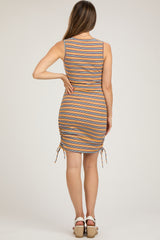 Yellow Multi-Color Striped Ribbed Sleeveless Ruched Maternity Dress