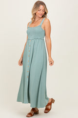 Light Olive Button Down Smocked Dress