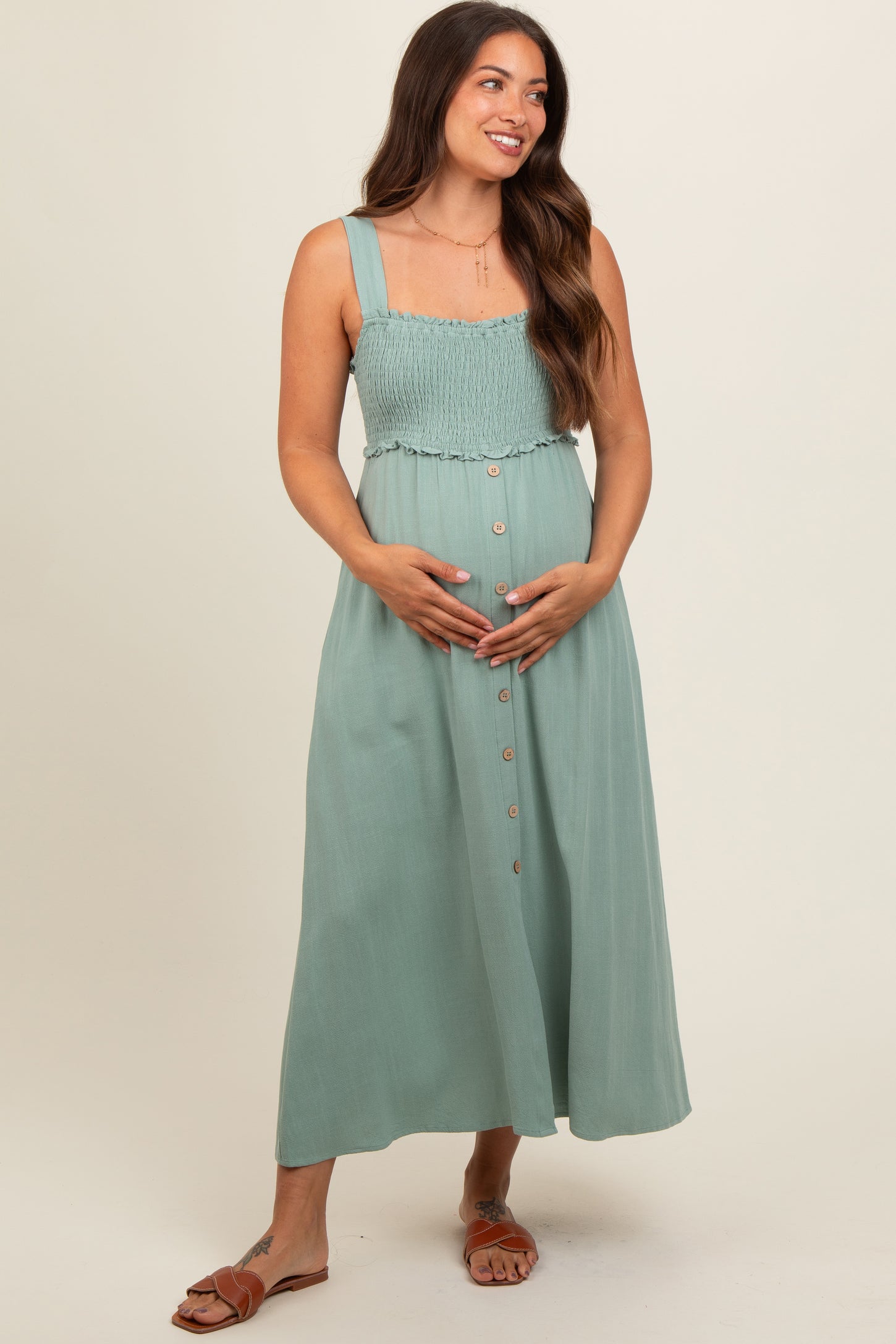 Light Olive Button Down Smocked Maternity Dress