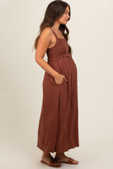 Brown Button Down Smocked Maternity Dress