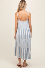 Blue Striped Side Pocket Maternity Midi Dress