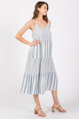 Blue Striped Side Pocket Midi Dress