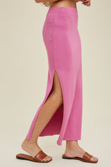 Pink Ribbed Knit Side Slit Midi Dress