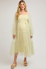 Light Olive Mesh Tiered Long Sleeve Maternity Maxi Dress